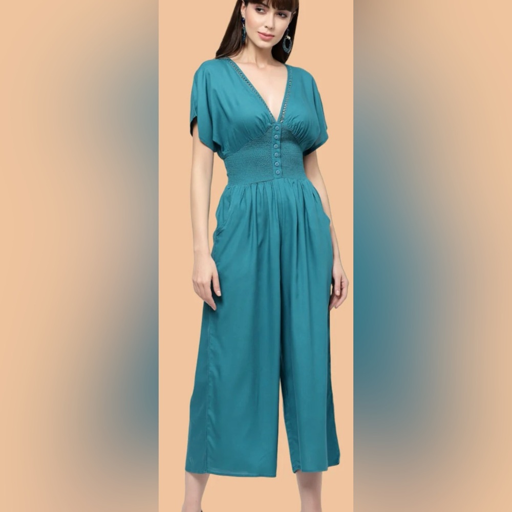 Patrons of Peace Wide Leg Jumpsuit deep V Neck Smocked Pockets Teal Green